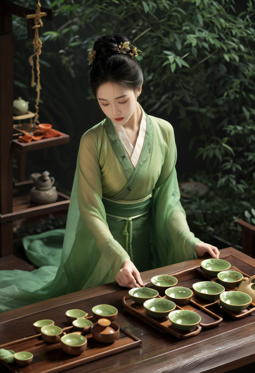 01904-1540070521-(green_1.3)_She is a teahouse proprietress, dressed in teahouse attire primarily in green, symbolizing her calmness and kindness.png